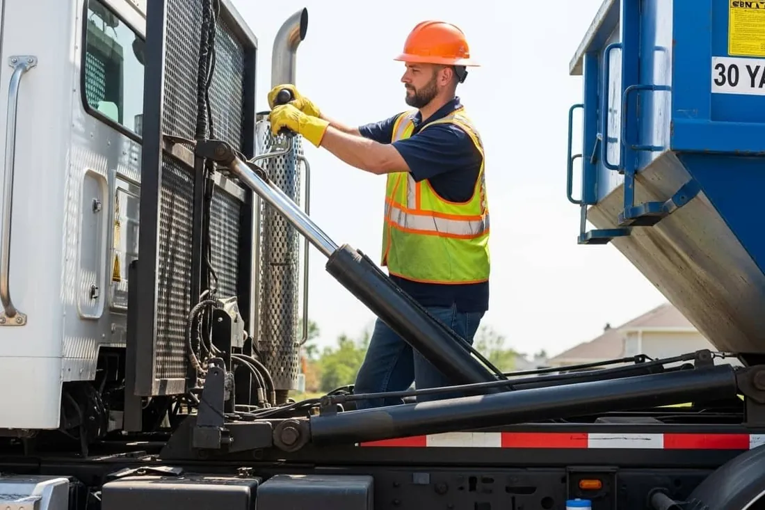 Our dumpster rental process in Holland Driver operating the roll-off controls to set a container in Holland, MI