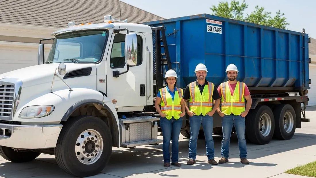 Local dumpster rental in Holland EAD roll-off truck and container on a residential street in Holland, MI