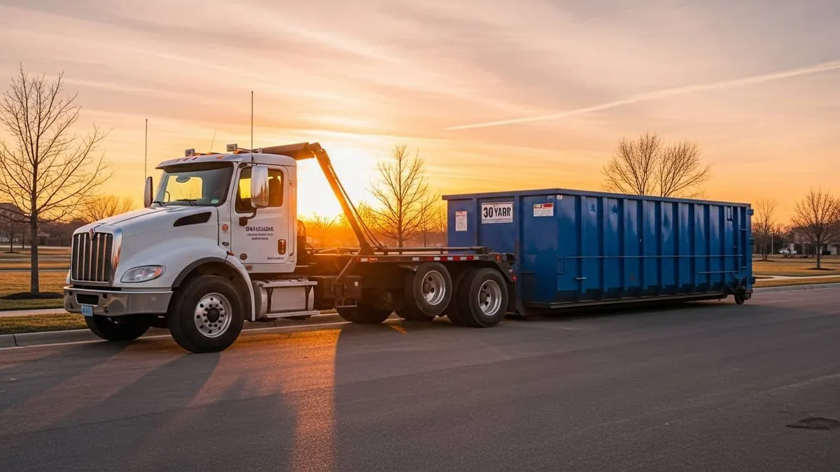Winter dumpster rental in Holland Roll-off truck and container on a winter evening near Holland, MI